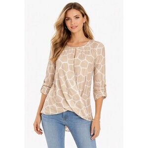 Michael Kors Giraffe Print Blouse Women M Roll Tab Sleeve Keyhole Beige